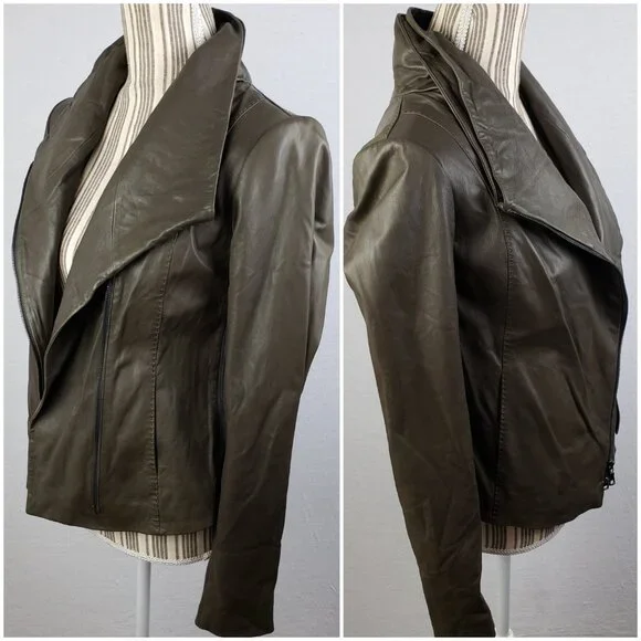 VINCE Leather Scuba Jacket Biker Lustrous Asymmetrical Minimalist Taupe Gray M